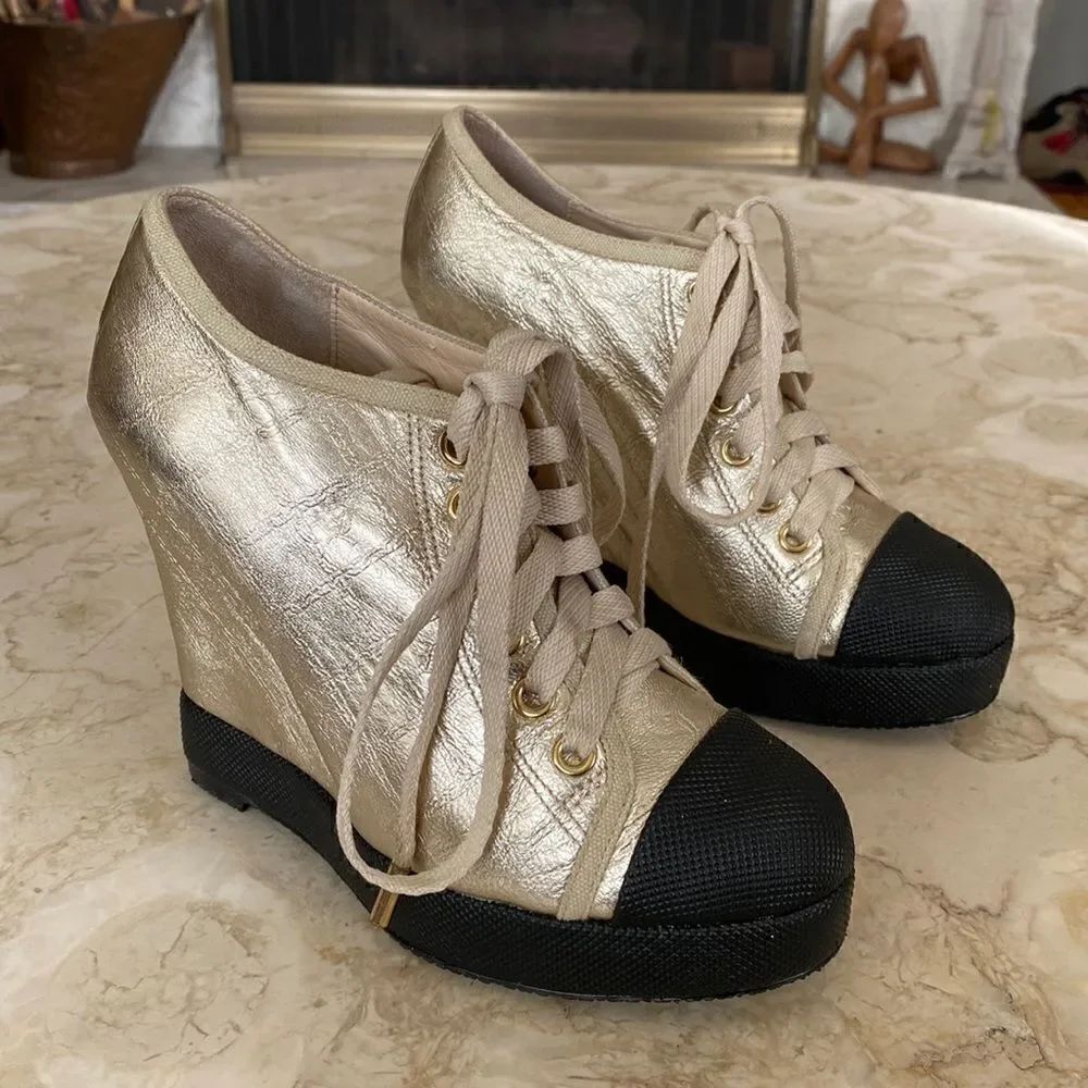 L.A.M.B Denver Gwen Stefani Gold Monogram Leather Platform Sneakers